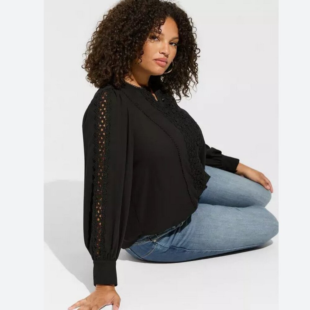 NWT Torrid Black Blouse w/ Eyelet Sleeves Romantic Peasant Top